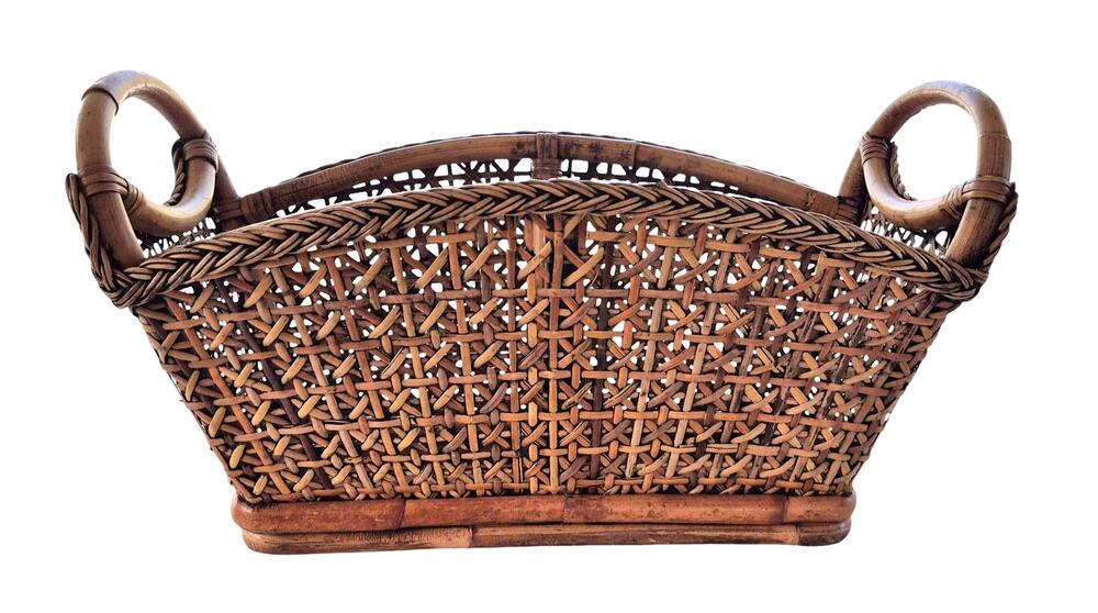 Vintage Rattan Woven Wicker Basket Magazine Rack 1960s Cottage Cabin Handles